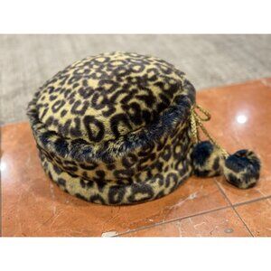 DONNA VINCI COUTURE 100% WOOL FELT FUR USA BROWN TAN LEOPARD PRINT HAT POMS EUC